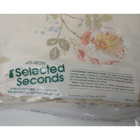 Springs Mills Sheet Double Fitted No Iron Off White Tan Pink Blue Vintage Floral - Picture 3 of 5